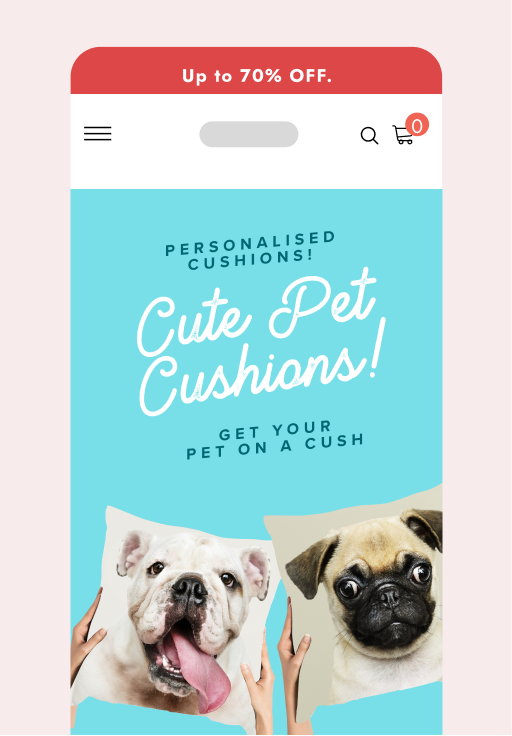 mobile mockup with promo banner of personalised pet cushions